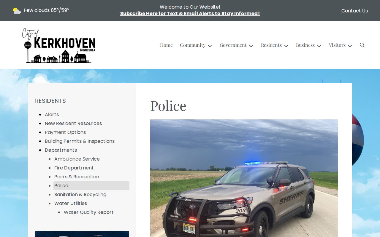 Kerkhoven public-safety page with sheriff and dispatch contact information